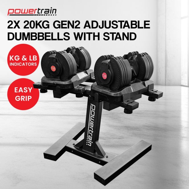 40kg Powertrain GEN2 Adjustable Dumbbell Set with Pro Stand