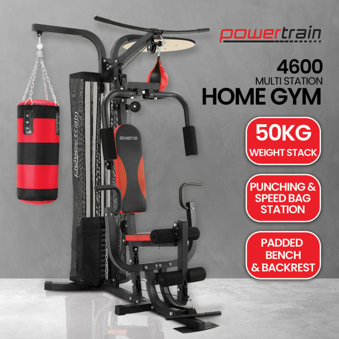 Powertrain Home Gym Multi Station with 110lb Weights, Boxing Punching Bag, and Speed Bag